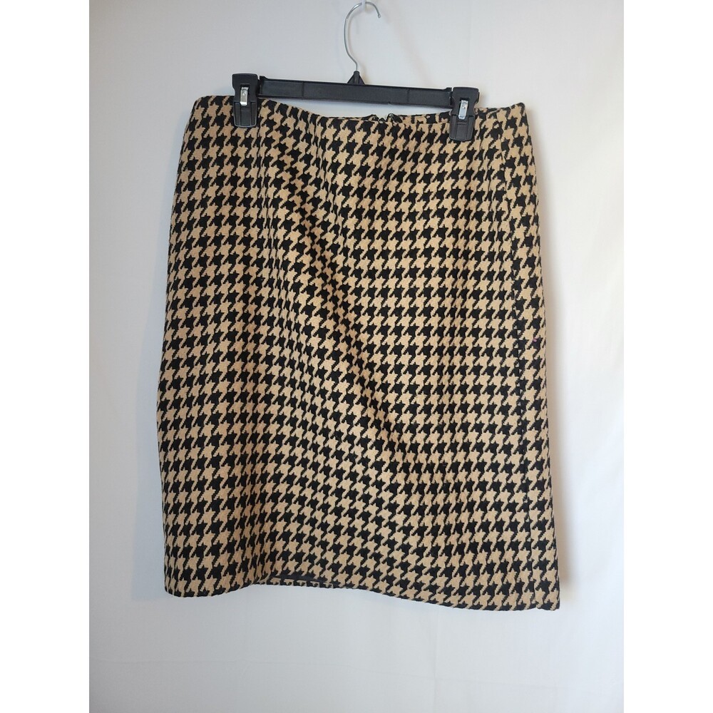 Talbots Women's Size 12 Houndstooth‎ Skirt Black Tan Wool Blend Lined Business